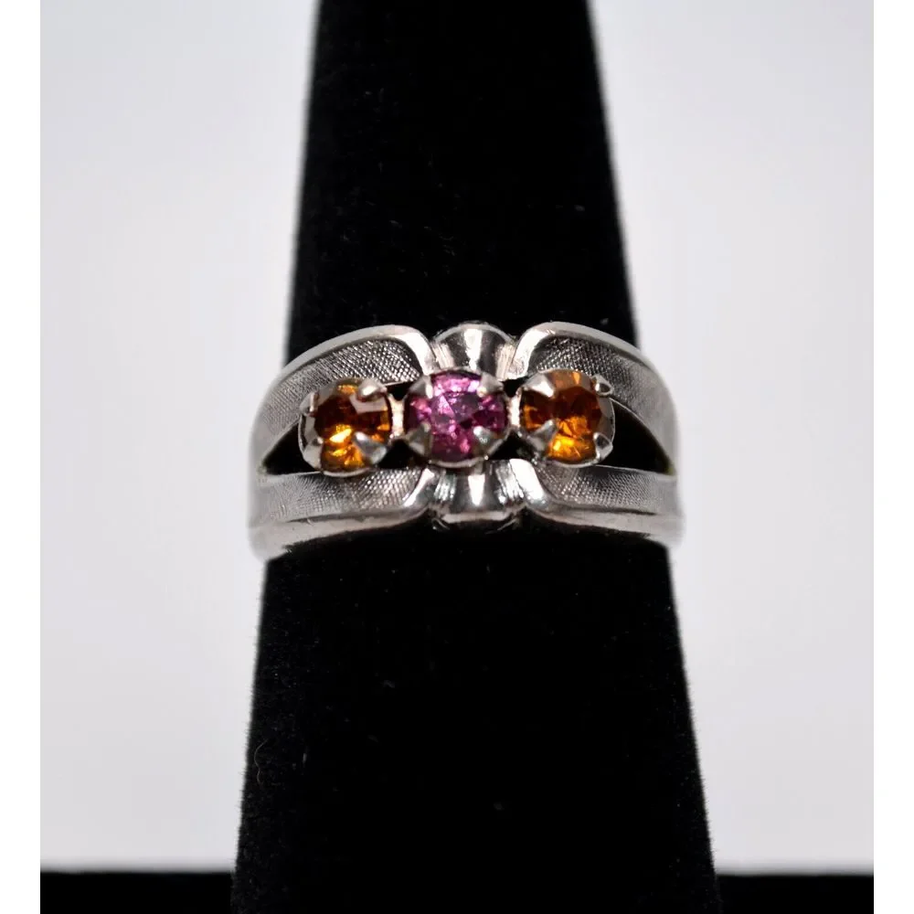 Vintage Rhodium Electroplate Birthstone Mothers Day Ring with‎ 3 Stones Size 7